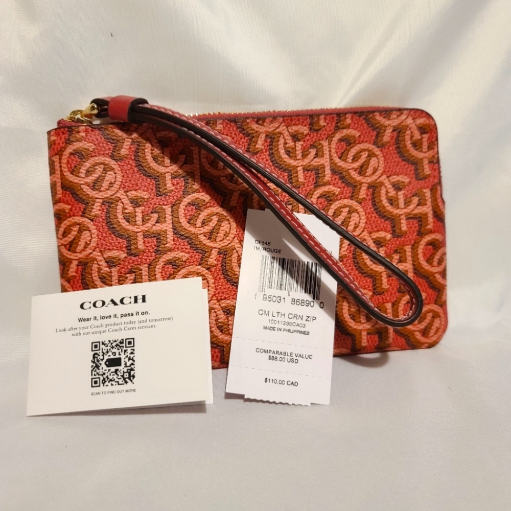 NWT Coach Pink Lettered Corner Zip Wristlet in Signature Coated Canvas